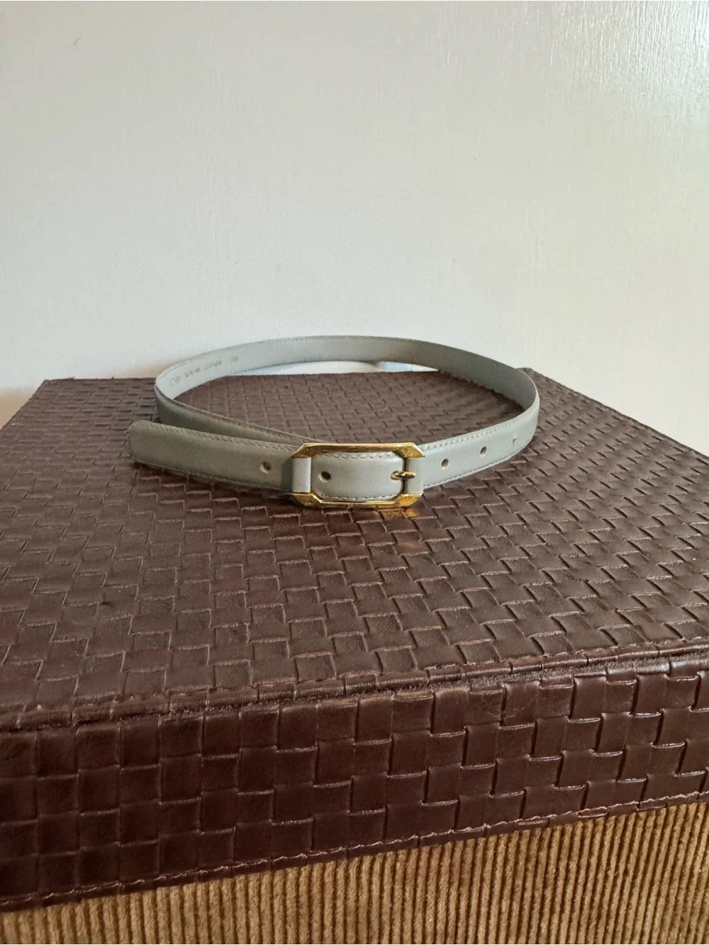 Light Gray Leather Belt with Gold Buckle - Women's Accessory